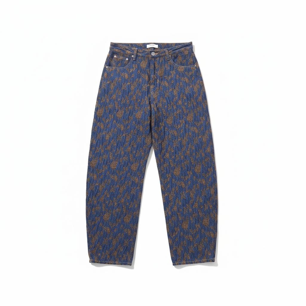 CALÇA GANGA MOCHY AZUL MARINHO ESTAMPA FLORAL FLORES CASTANHO BOLSO FRONTAL E TRASEIRO