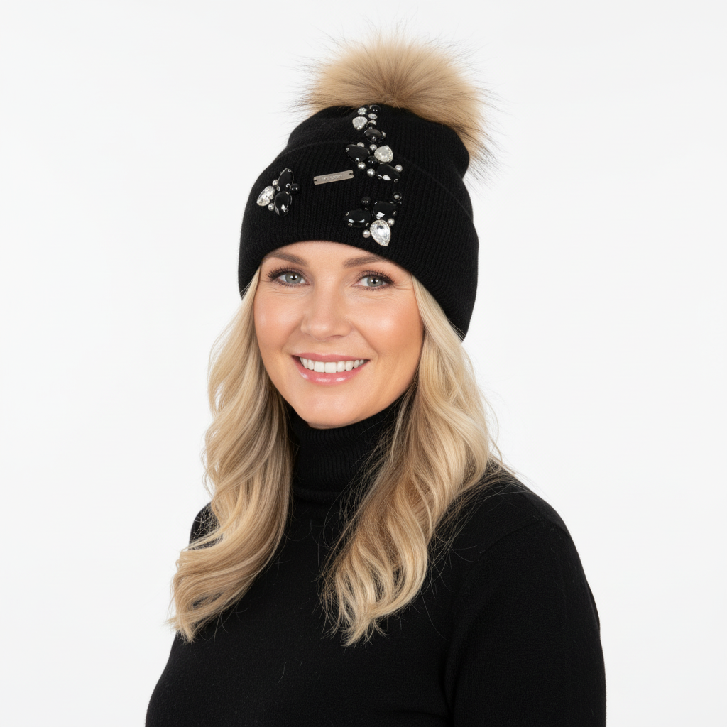GORRO PRETO GELO POMPOM PELO CASTANHO TOUCA