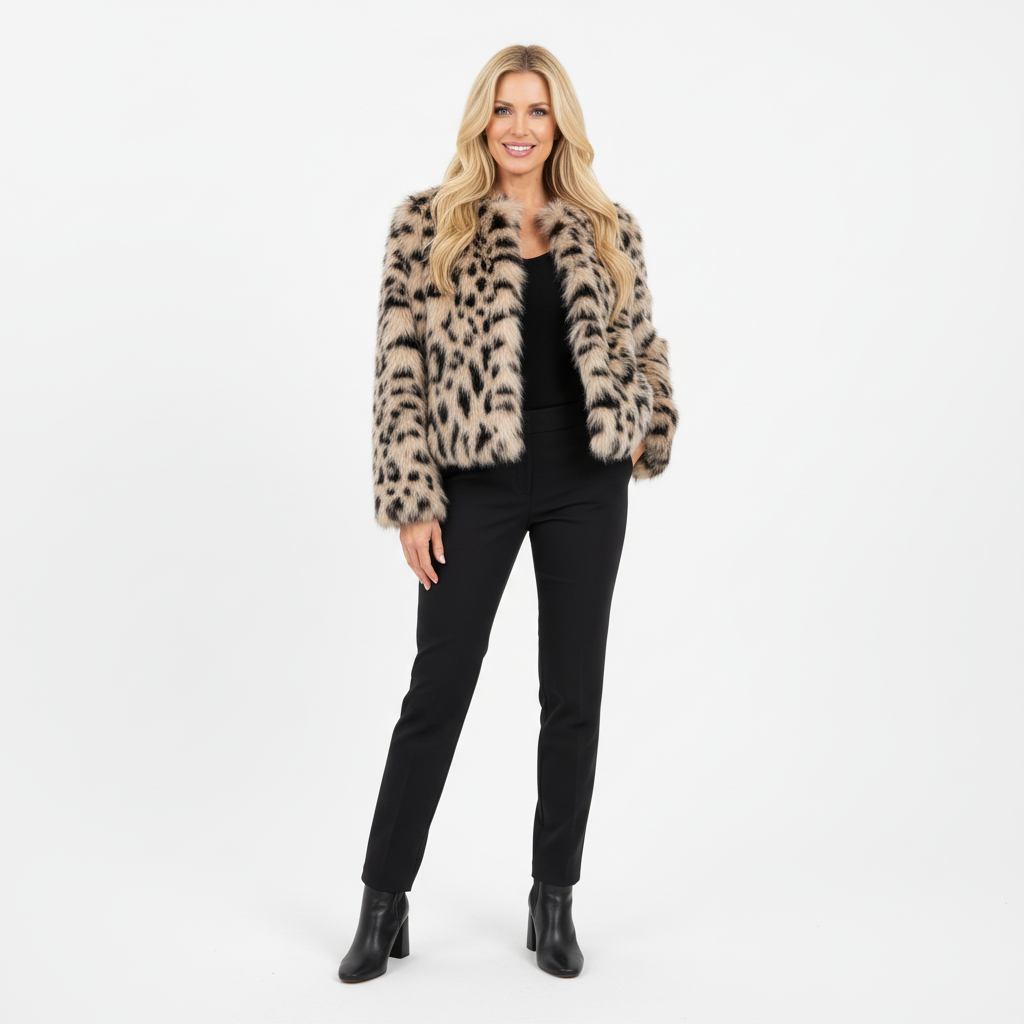 CASACO J/S MILLENIUM PELUCHE TEDDY MÉDIO CREME PRETO CASTANHO PELOS LEOPARDO