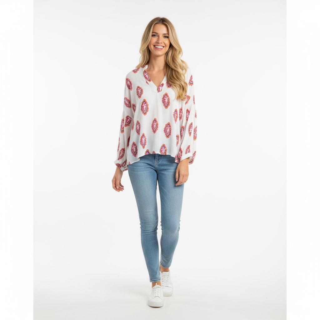 CAMISOLA GOLD&SILVER BRANCO ROSA PINK AZUL LARANJA DECOTE EM BICO MANGA CUMPRIDA BORDADO MIÇANGAS MI AMOR
