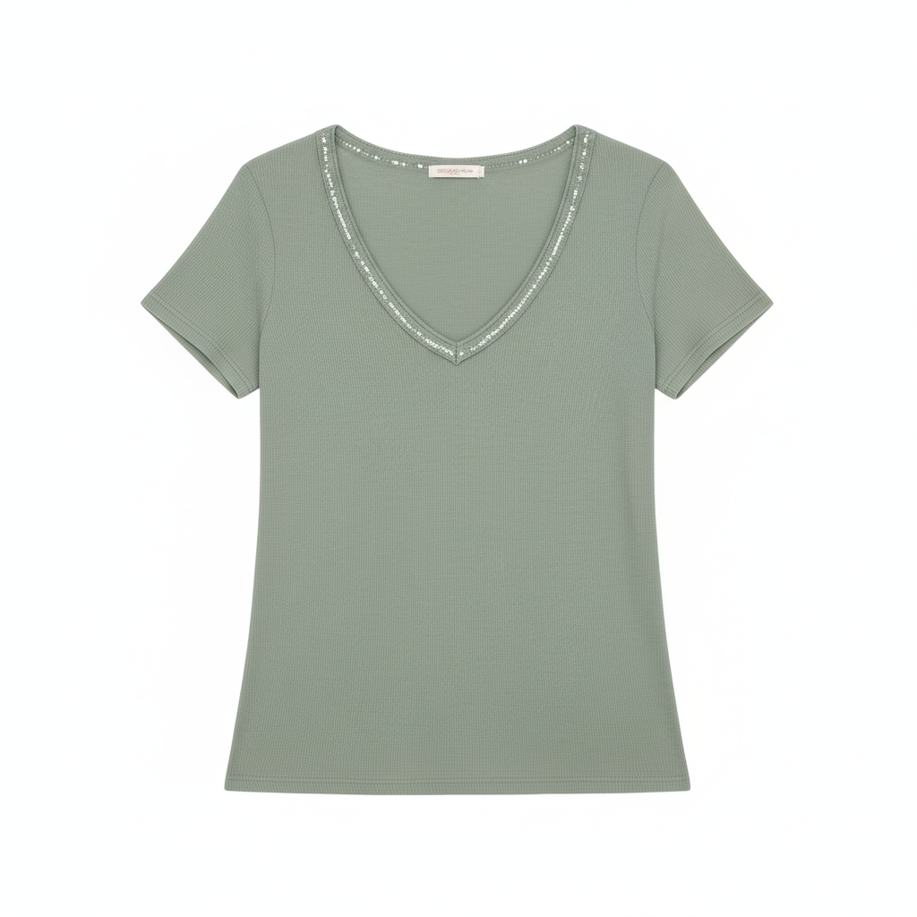 CAMISOLA CINZA DECOTE EM BICO BRILHO GOLA LANTEJOULA MANGA CURTA