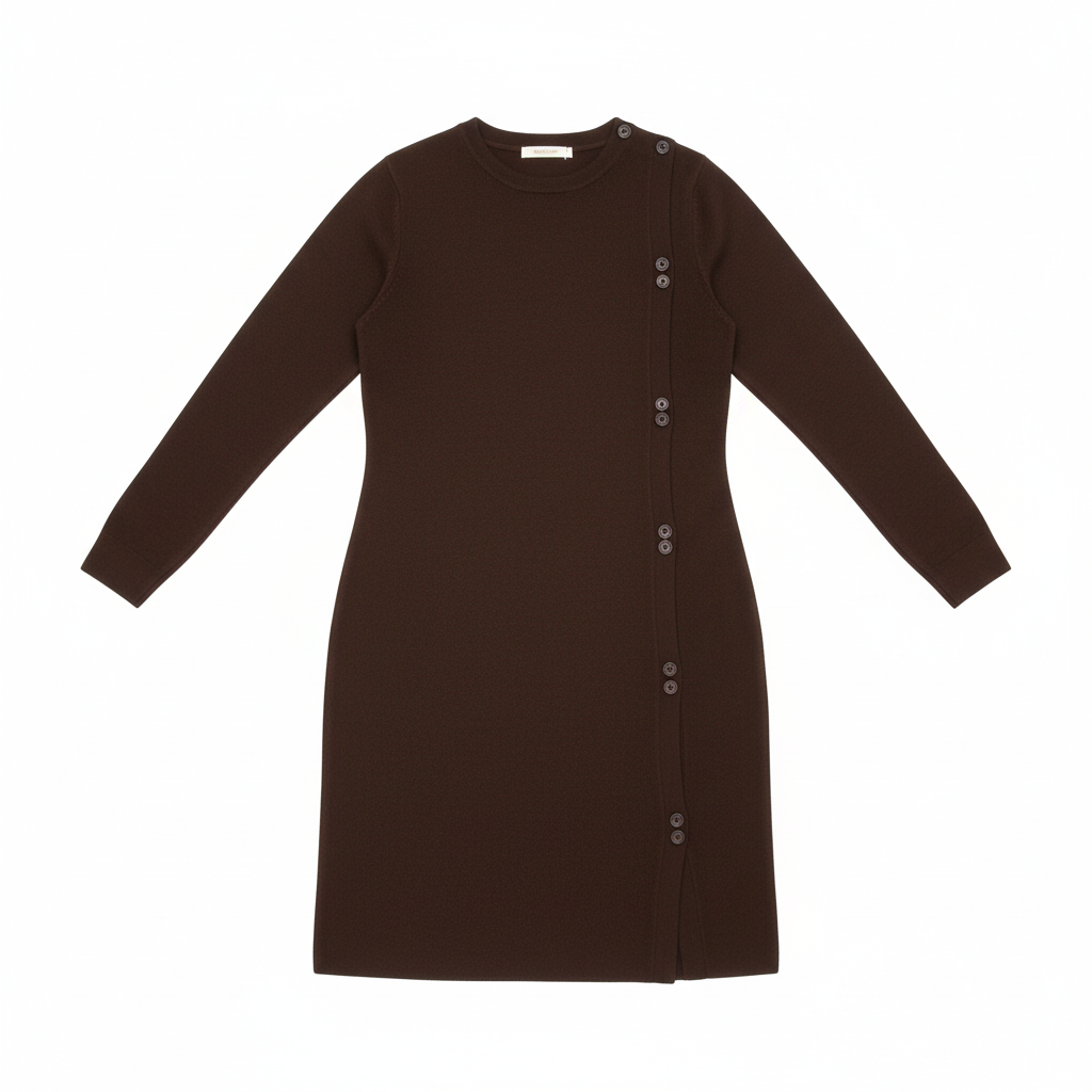 VESTIDO SINAIS VISIVEIS CASTANHO ESCURO CAFÉ MANGA CUMPRIDA APLICAÇÕES BOTÕES LATERAL