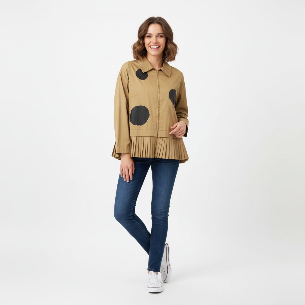 CASACO CASTANHO BABADOS DRAPEADO BOLAS PRETAS BOLSO