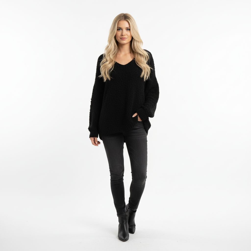 CAMISOLA COCO ITALIA PRETO DECOTE EM BICO LÃ LISO