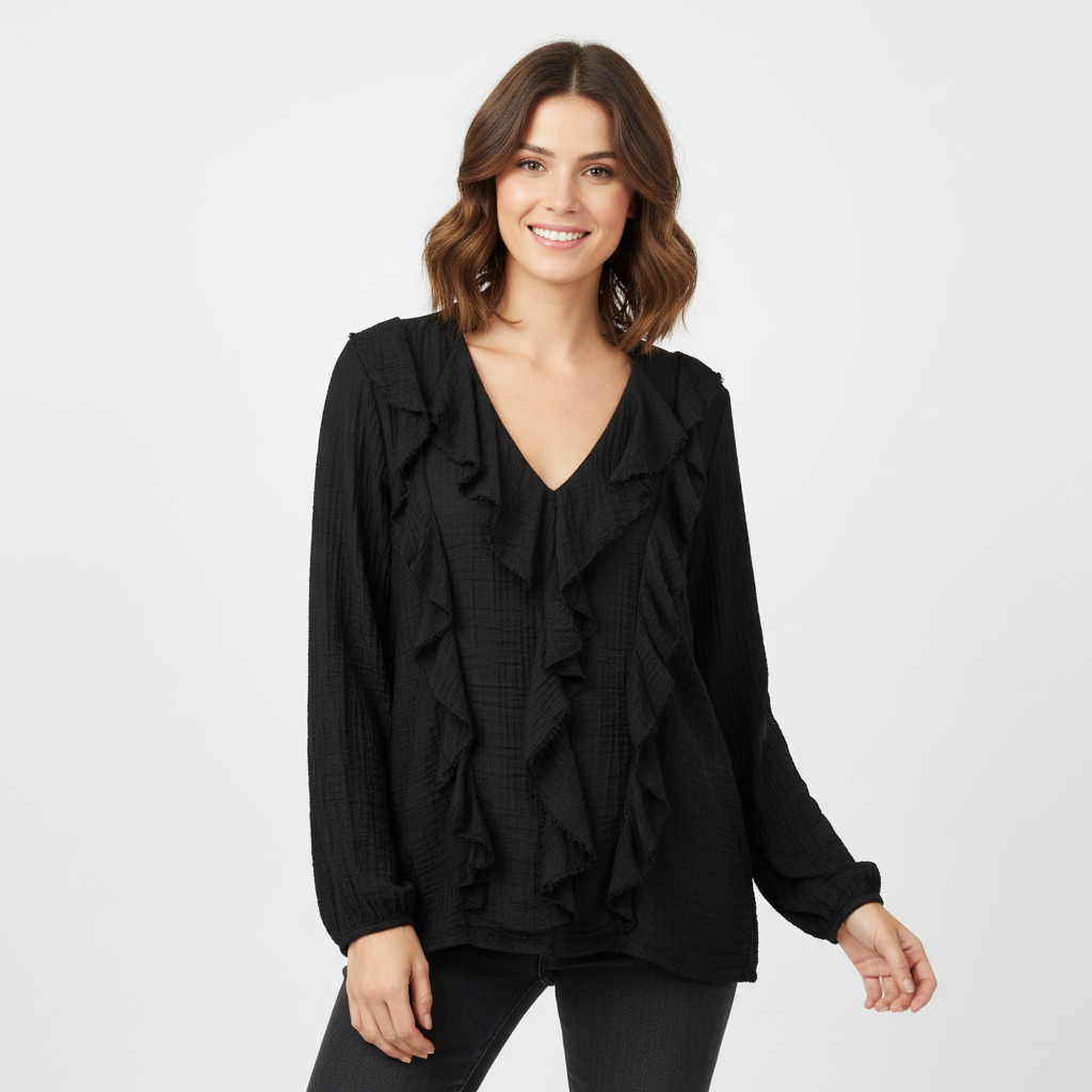 CAMISOLA CAMILLE FRANCE PRETO DECOTE EM BICO BABADOS