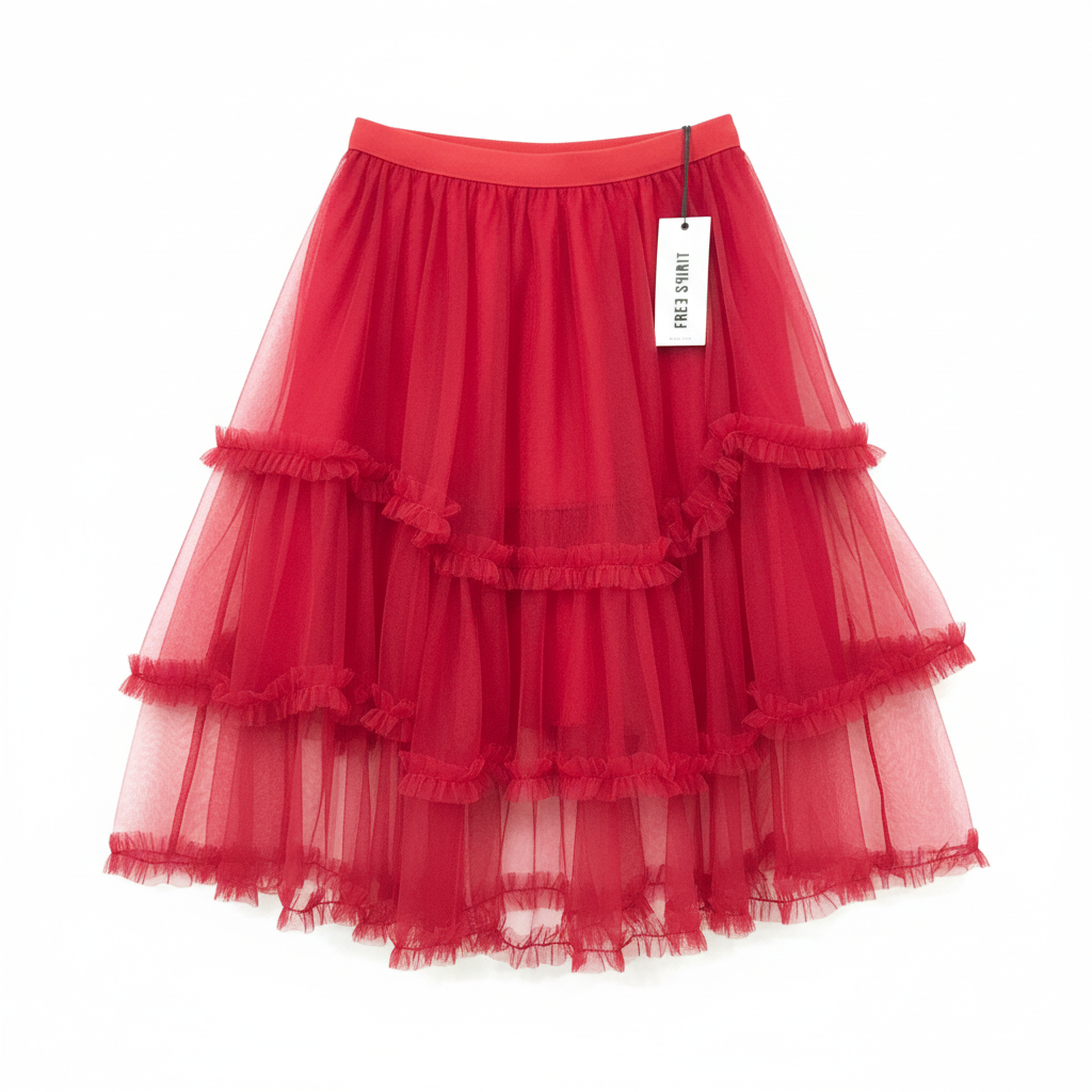 SAIA MIDI FREE SPIRIT VERMELHO SAIA DE ORGANZA CAMADAS E DETALHES NA BARRA
