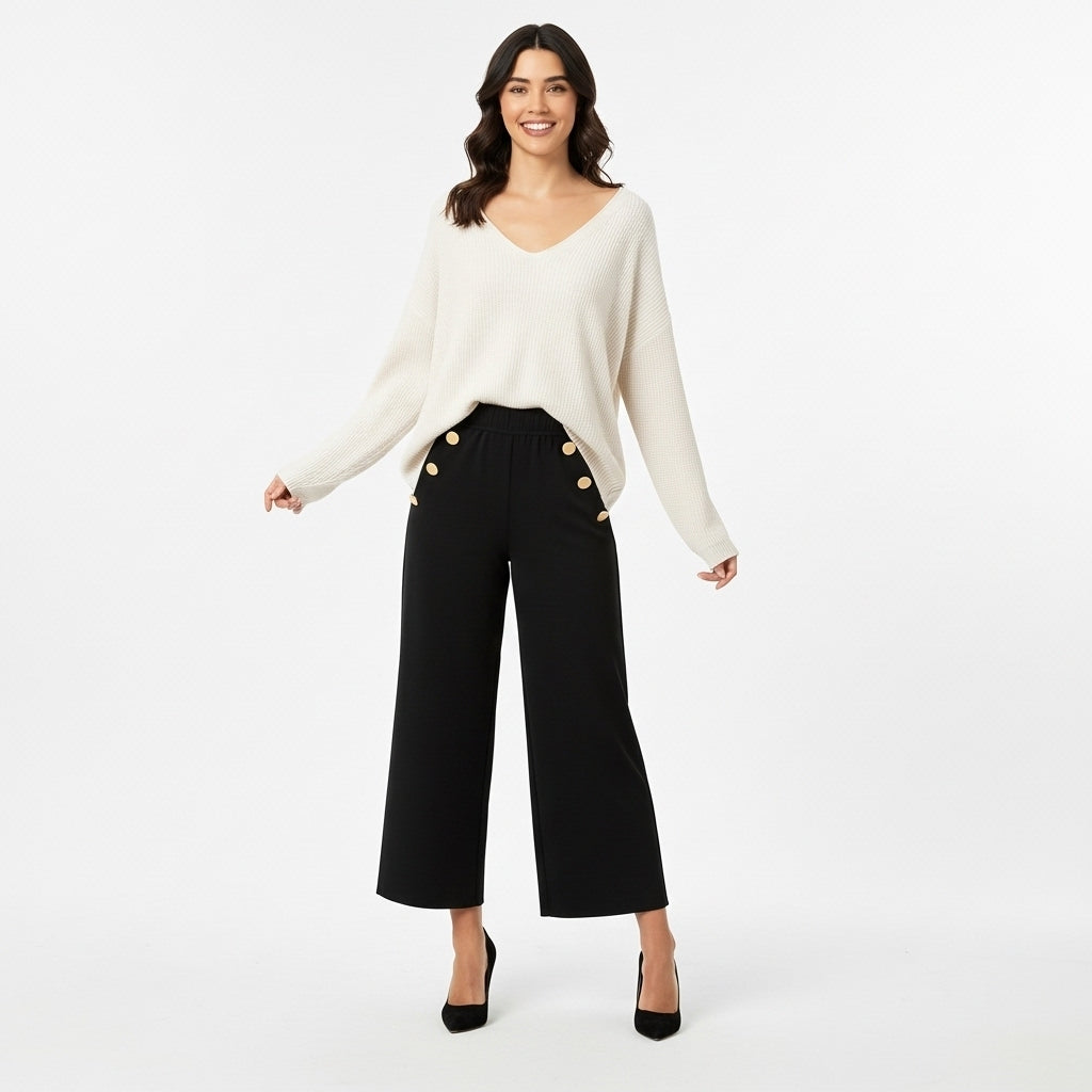 CALÇA EGLAF RETA PRETO APLICAÇÕES DOURADAS BOLSO