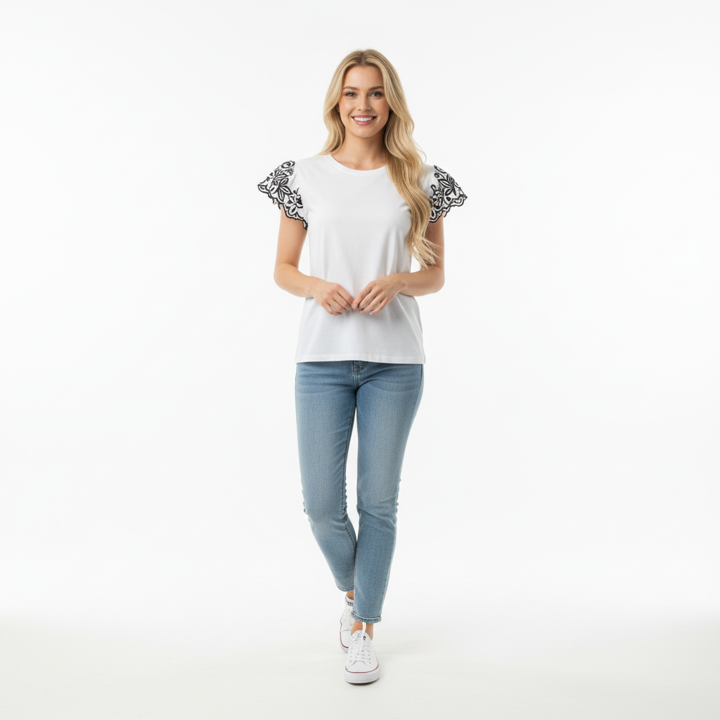 CAMISOLA UNIKA BRANCO MANGA CURTA RENDA PRETA DECOTE CANOA