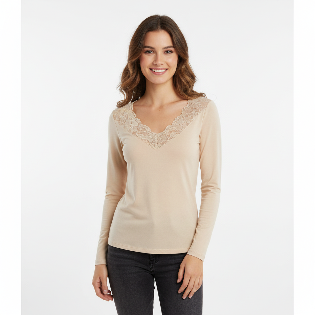 CAMISOLA VINCEOTTO CREME DECOTE EM BICO RENDA