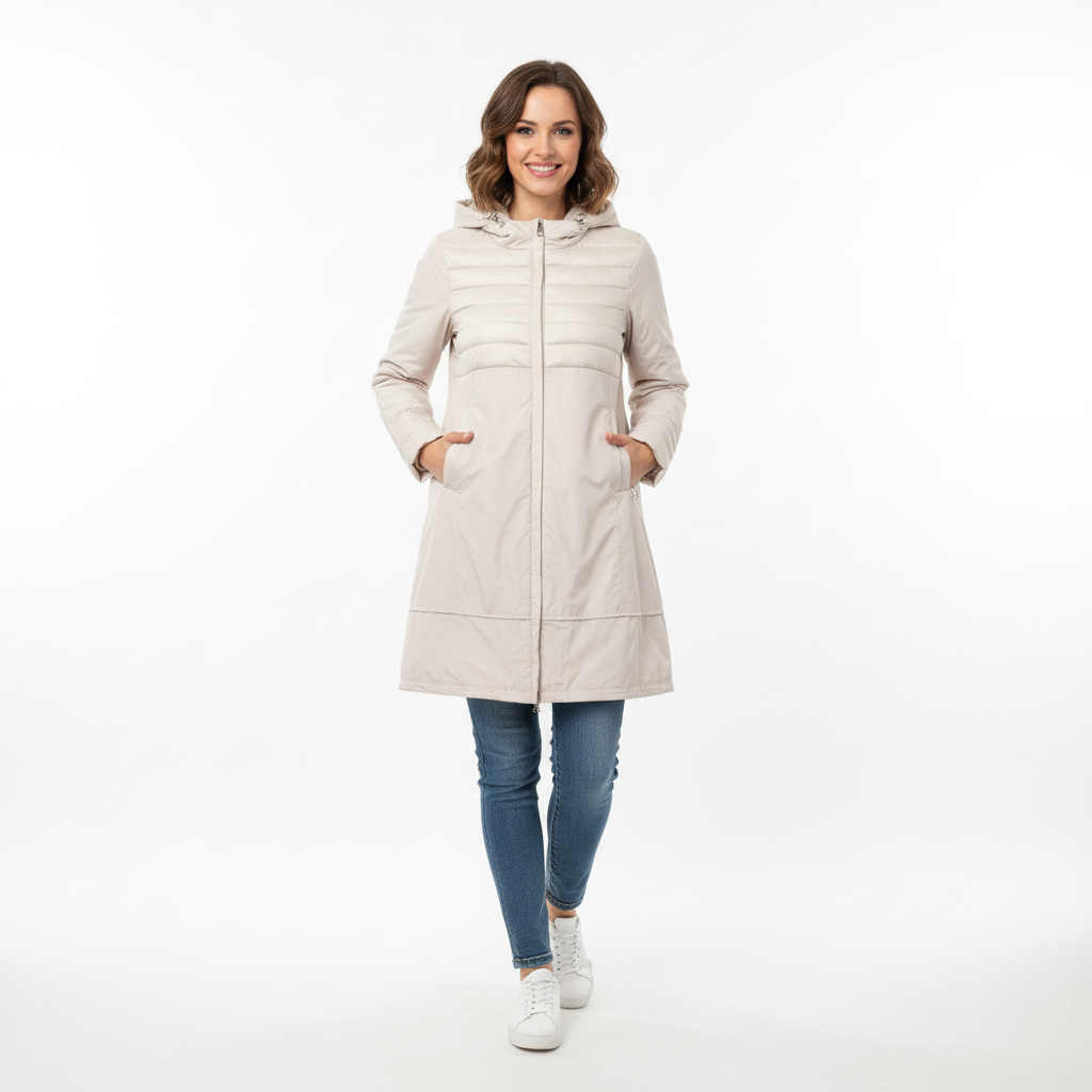 CASACO FLY LUXURY CREME ZIPER TIRAS ACOLCHOADO IMPERMEAVEL LONGO BOLSOS TOUCA