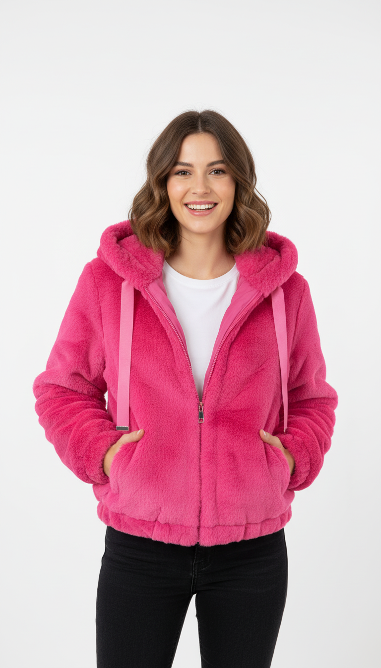 CASACO PELUCHE TEDDY MÉDIO CARLA GIANNINI ROSA PINK VELUDO PELOS ZIPER E 2 BOLSOS
