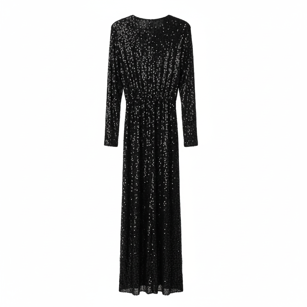 VESTIDO MOBI FASHION PRETO FESTA MANGA CUMPRIDA BRILHO LANTEJOULAS DAPREADO LATERAL