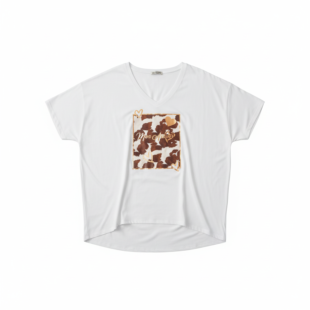 CAMISOLA MINA ROSA BRANCO MANGA CURTA ESTAMPA VACA MON AMOUR DOURADO CORAÇÃO BRILHO