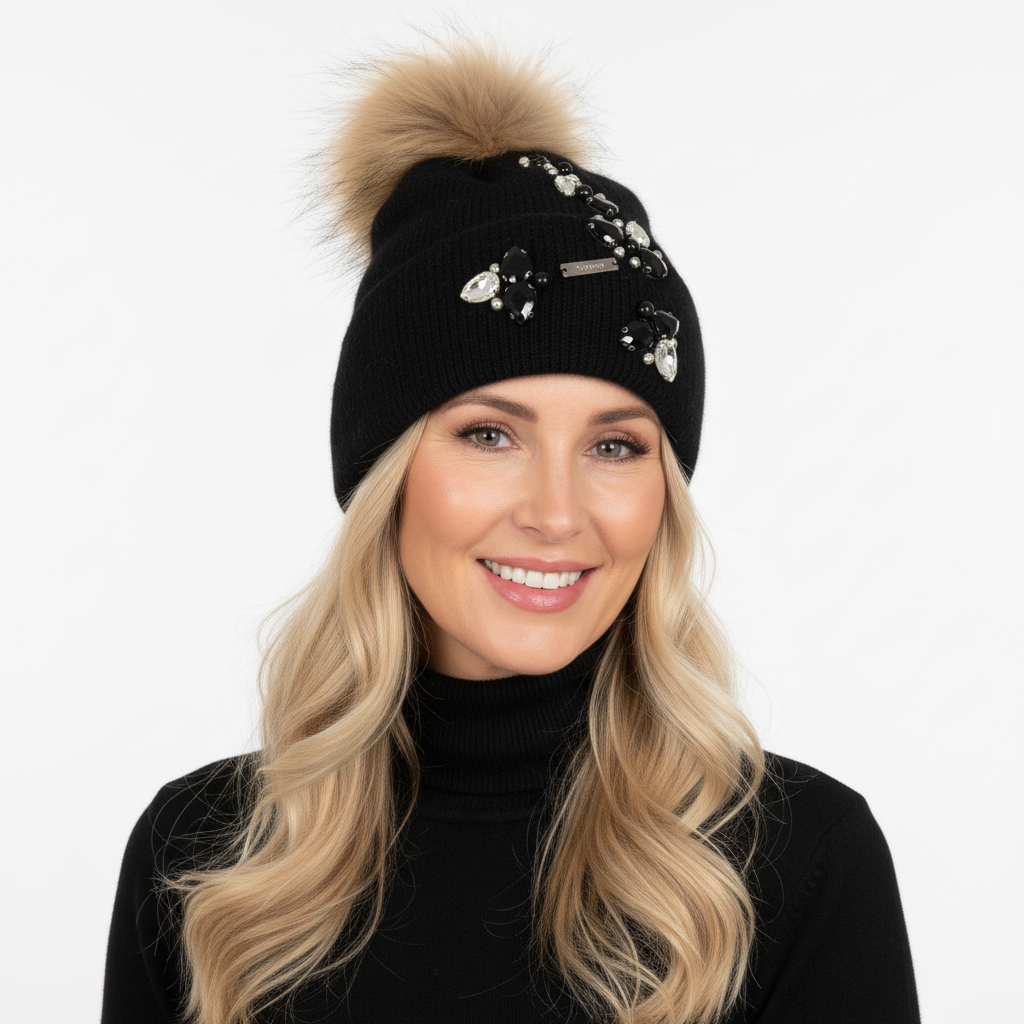 GORRO PRETO GELO POMPOM PELO CASTANHO TOUCA