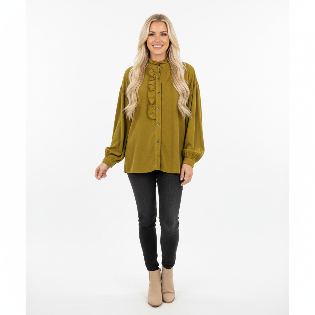 CAMISA CAMILLE FRANCE VERDE GOLA DRAPEADO MANGA CUMPRIDA BOTÕES DETALHE DRAPEADO