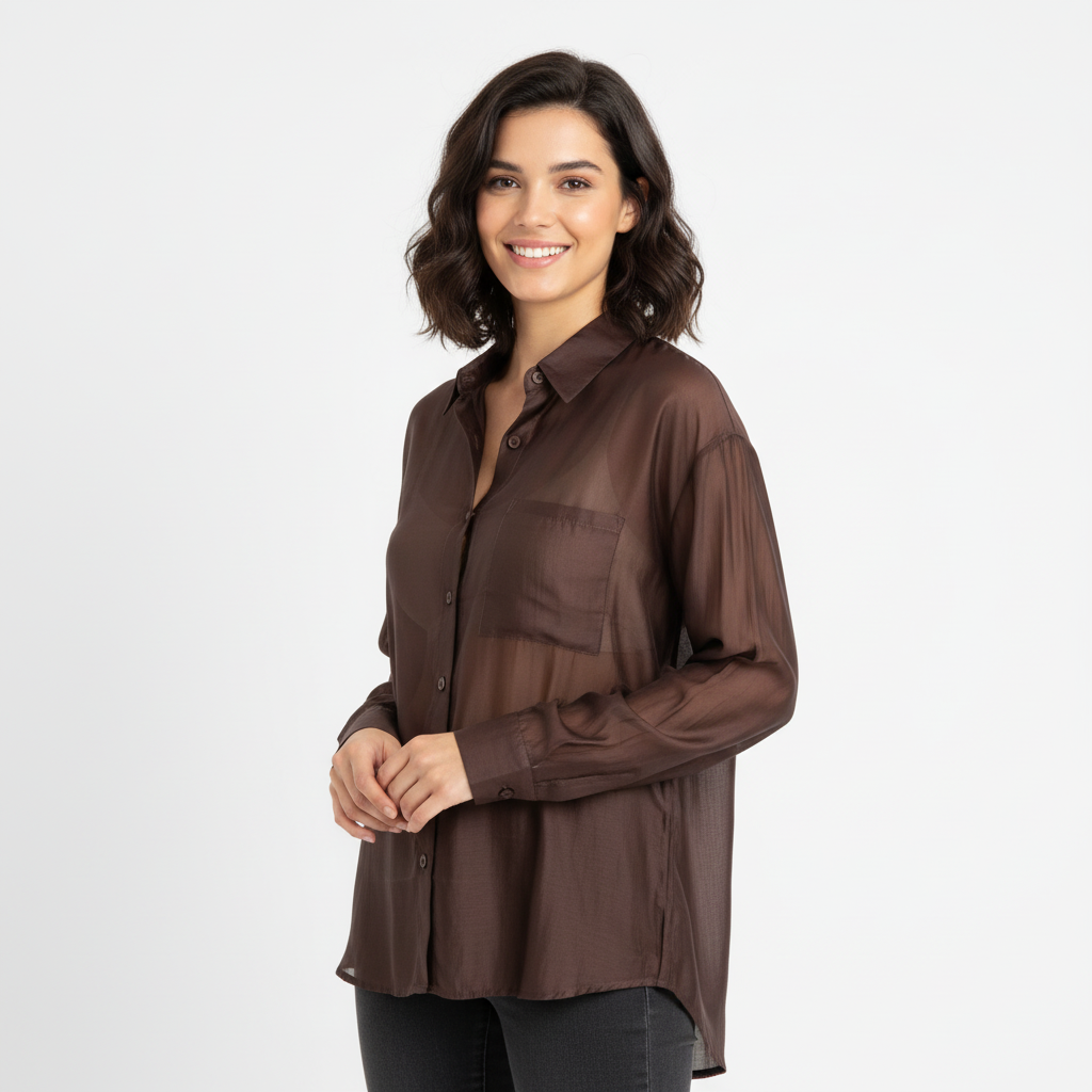 CAMISA VINCEOTTO CASTANHO TRANSPARENTE BOLSO FRONTAL MANGA LONGA