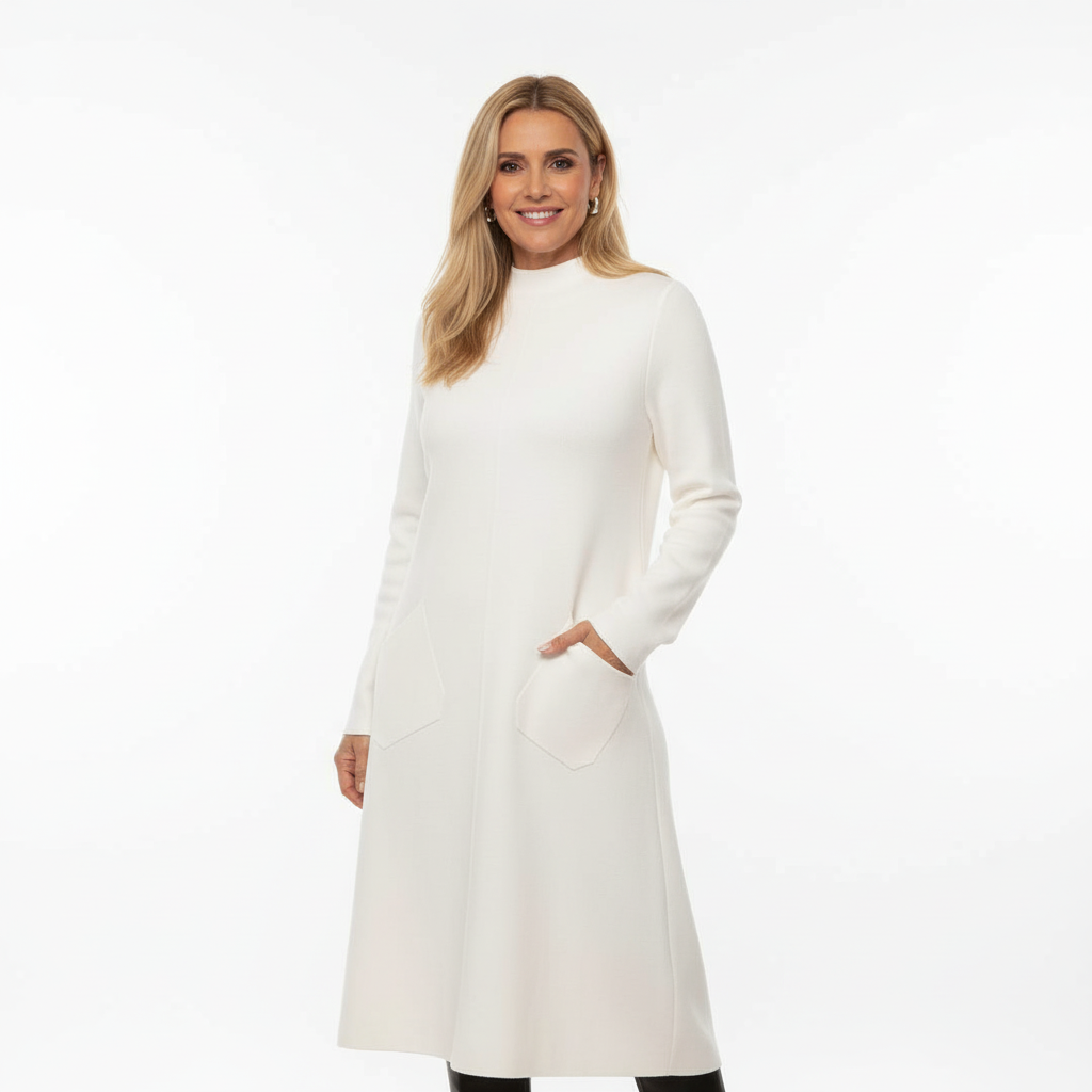 VESTIDO MAGLIFICIO ALFA BRANCO MANGA CUMPRIDA BOLSO FRONTAL CACHARREL GOLA ALTA