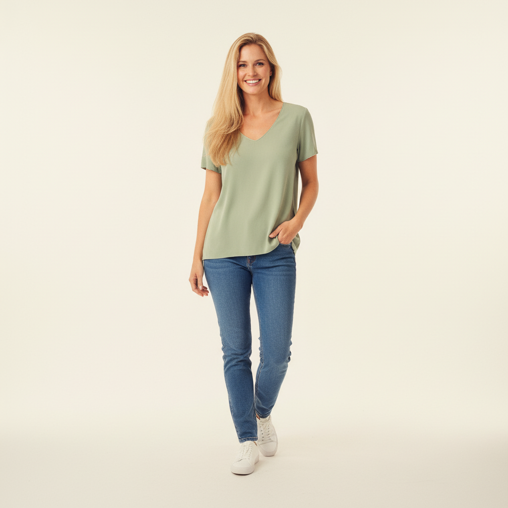 CAMISOLA CAMILLE FRANCE VERDE DECOTE EM BICO MANGA CURTA FITA BRILHO DECOTE PRATA