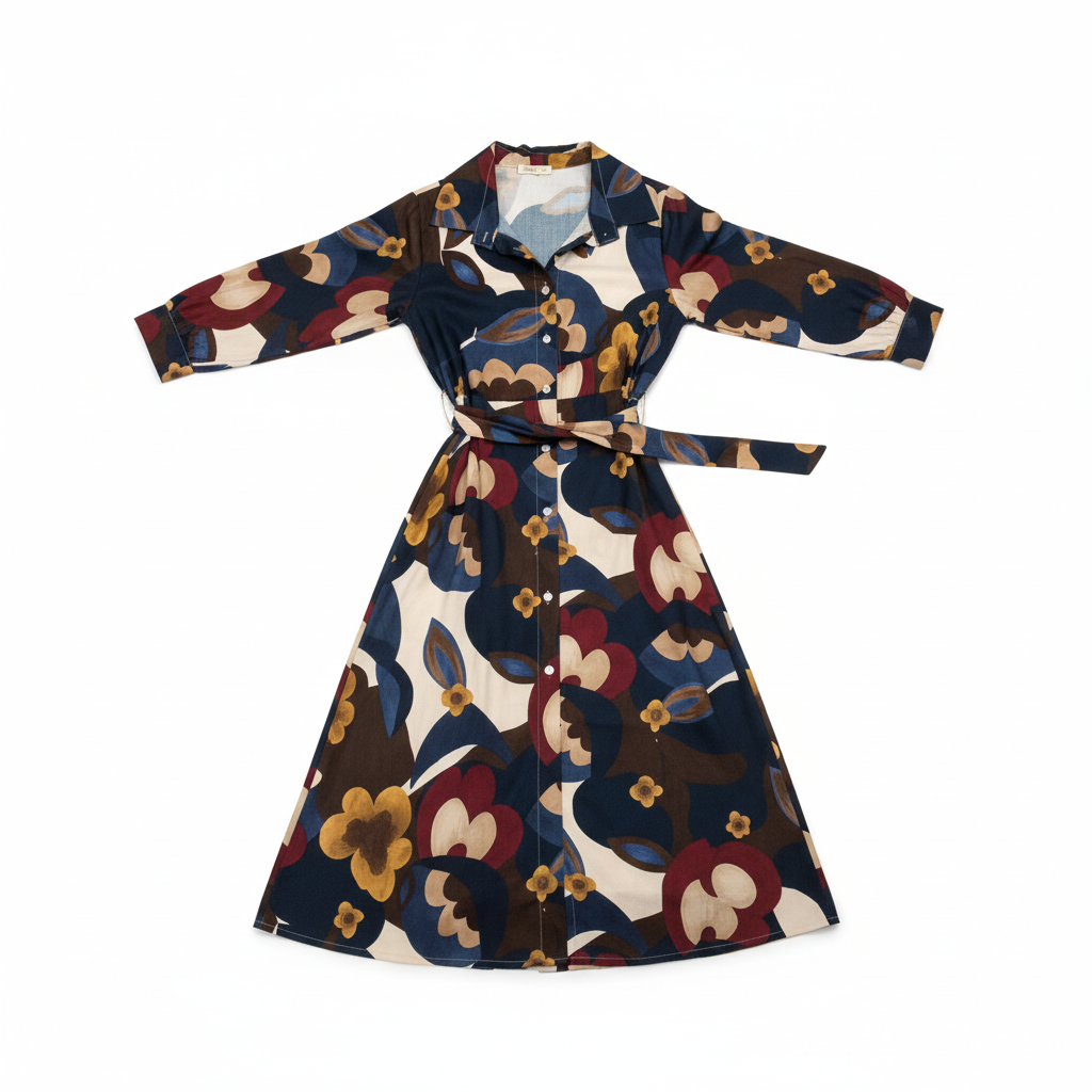 VESTIDO CAMILLE FRANCE ESCURO BRANCO CASTANHO BORDO BOTÕES CINTO PADRÃO FLORES LONGO