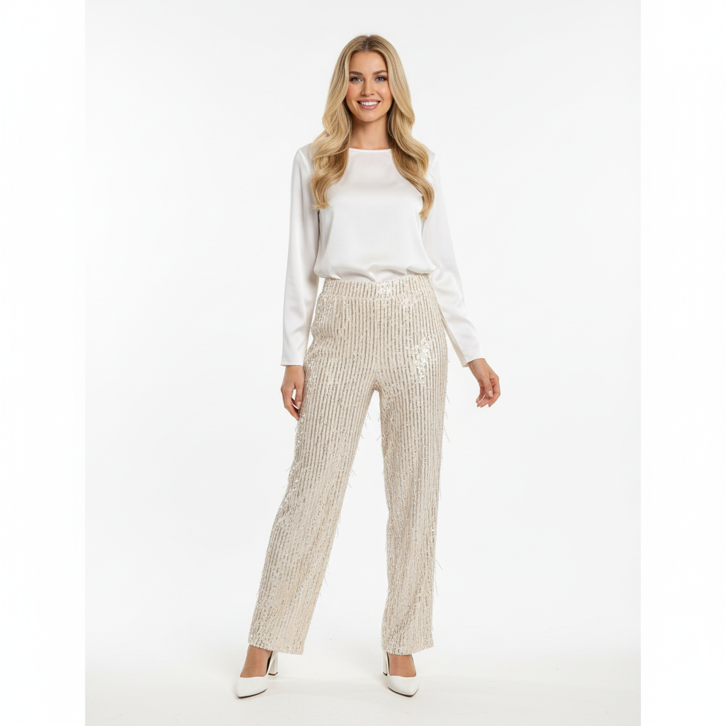 CALÇA RETA ELLI WHITE ROSE NUDE LANTEJOULAS FITAS DE BRILHO