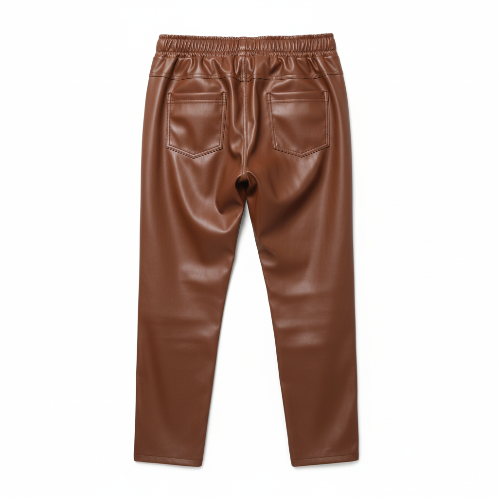 CALÇA RETA CAMILLE FRANCE CASTANHO ECO PELE CINTURA ELÁSTICO REGULADOR