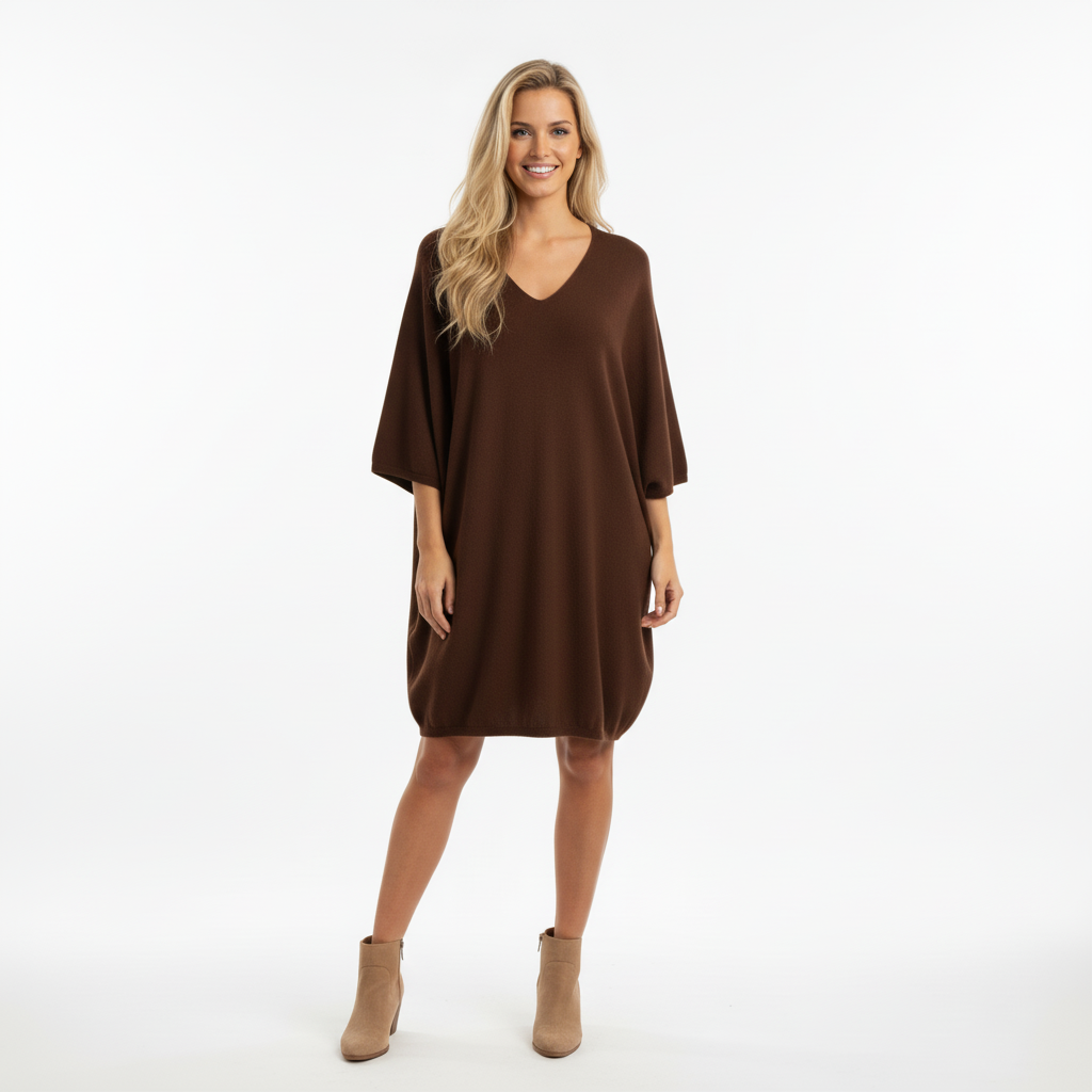 VESTIDO SINAIS VISIVEIS CASTANHO ESCURO MANGA CUMPRIDA DECOTE EM BICO