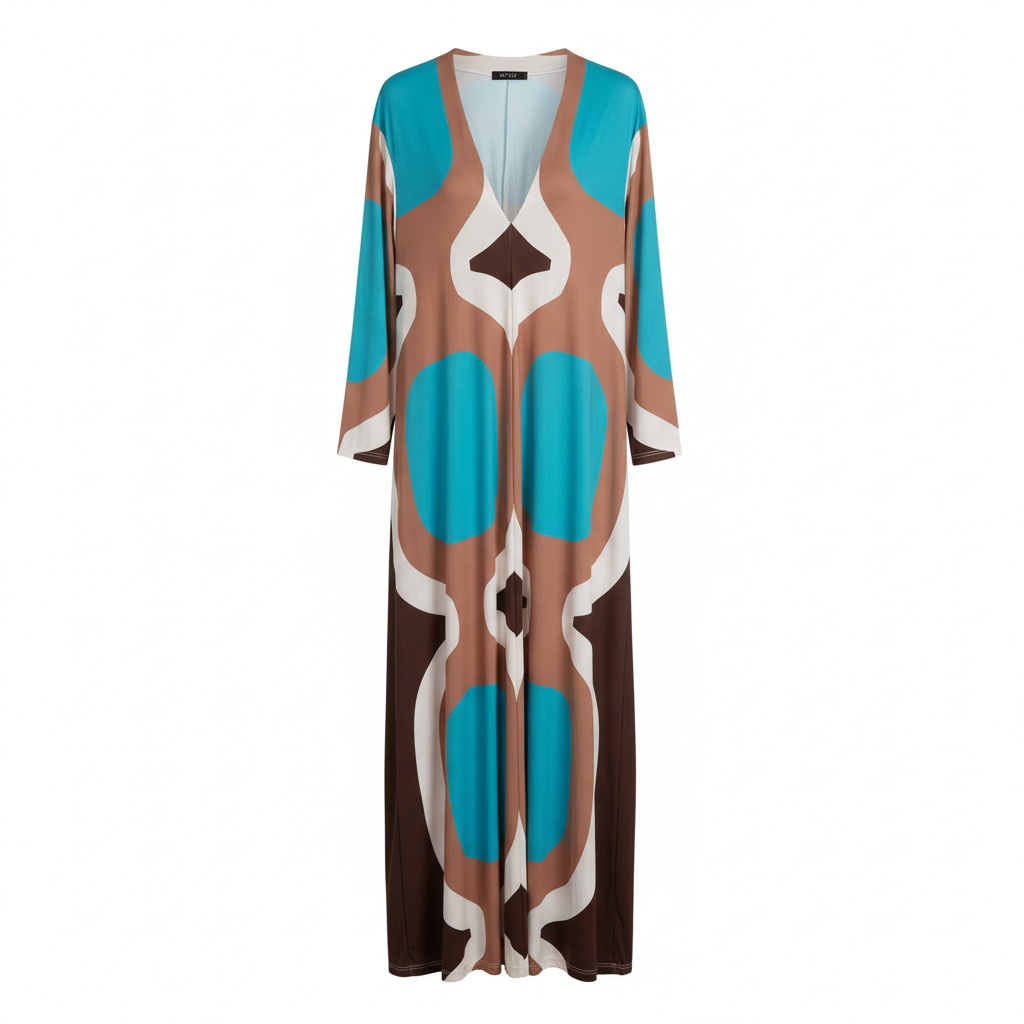 VESTIDO CAMILLE FRANCE AZUL CASTANHO BRANCO FENDA FRONTAL MANGA CUMPRIDA PADRÃO CIRCULOS LONGO