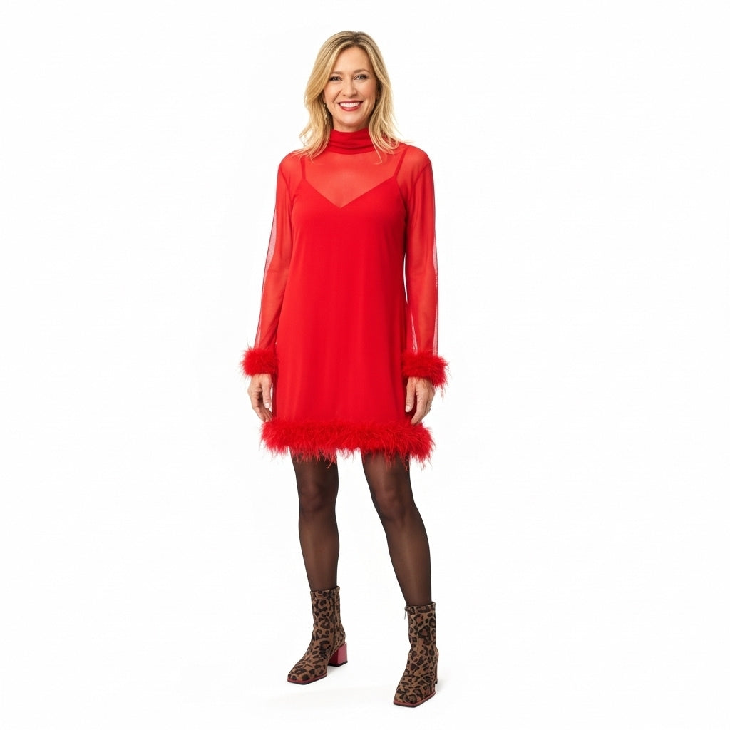 VESTIDO LUMINA VERMELHO MANGA CUMPRIDA APLICAÇÕES PELOS NA MANGA E BARRA