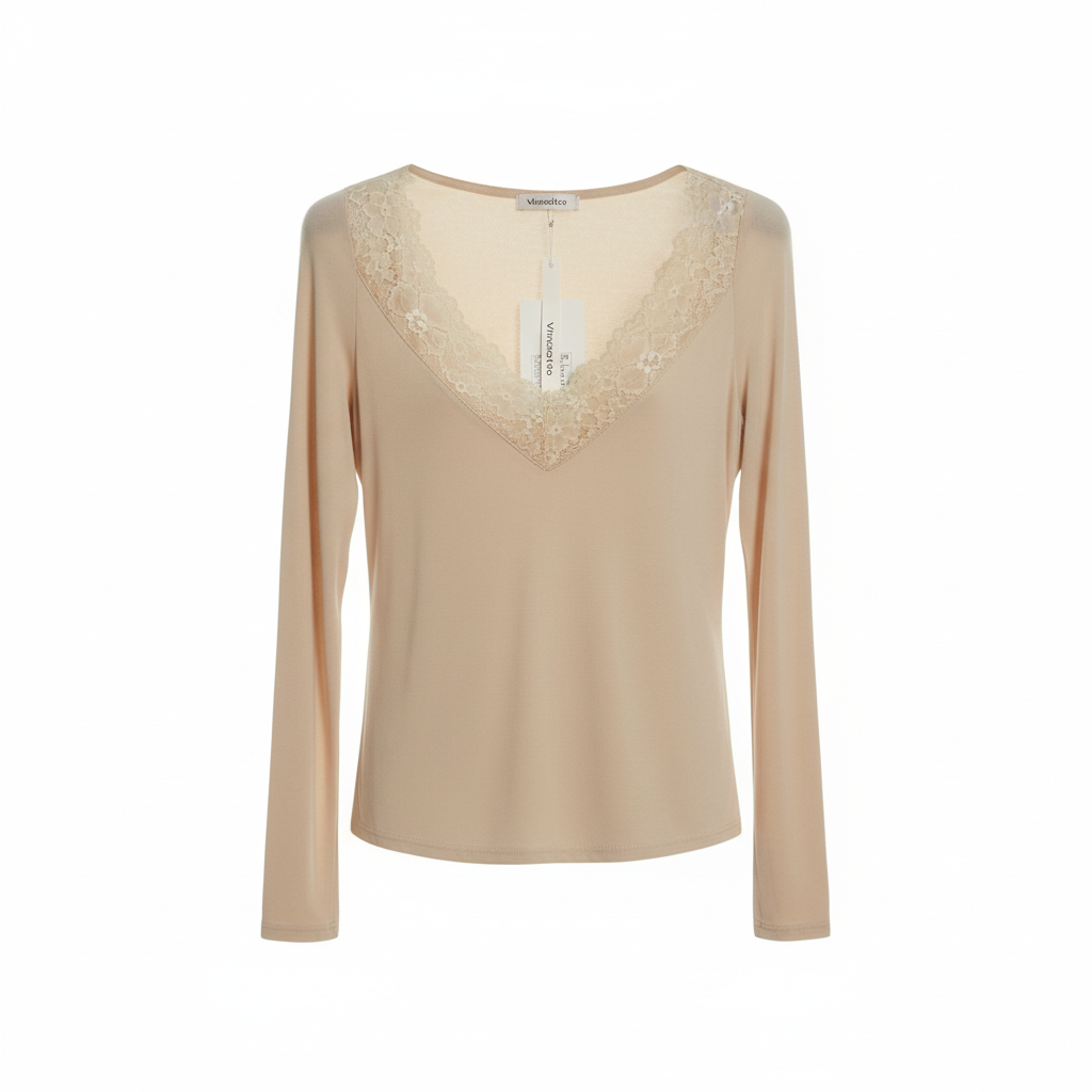 CAMISOLA VINCEOTTO CREME DECOTE EM BICO RENDA