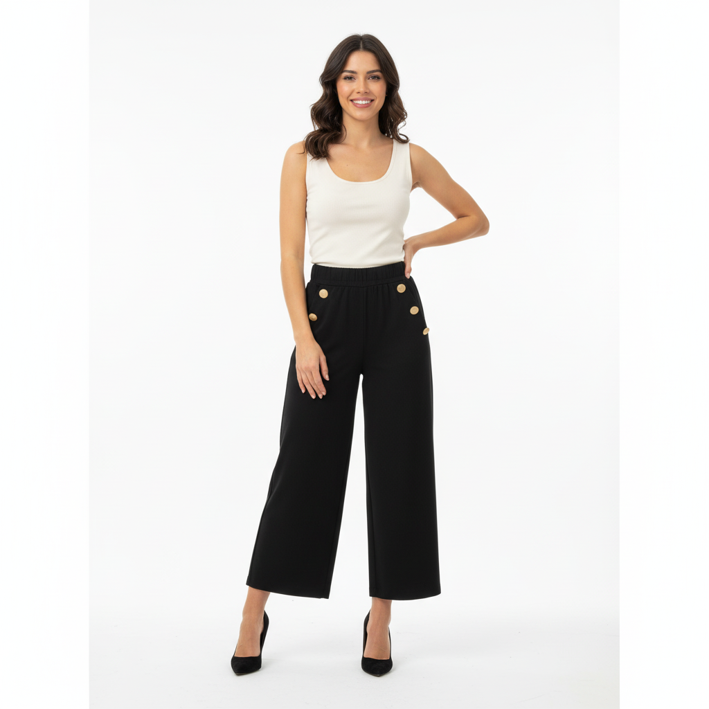 CALÇA EGLAF RETA PRETO APLICAÇÕES DOURADAS BOLSO