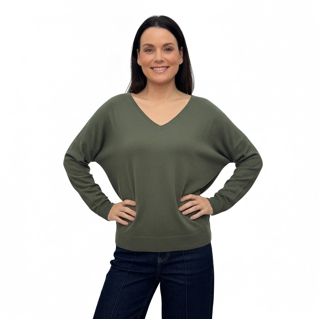 CAMISOLA VINCEOTTO VERDE ESCURO DECOTE EM BICO MANGA CUMPRIDA PUNHO E BARRA CANELADA