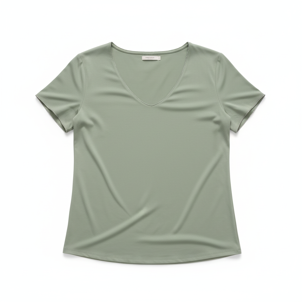 CAMISOLA CAMILLE FRANCE VERDE DECOTE EM BICO MANGA CURTA FITA BRILHO DECOTE PRATA