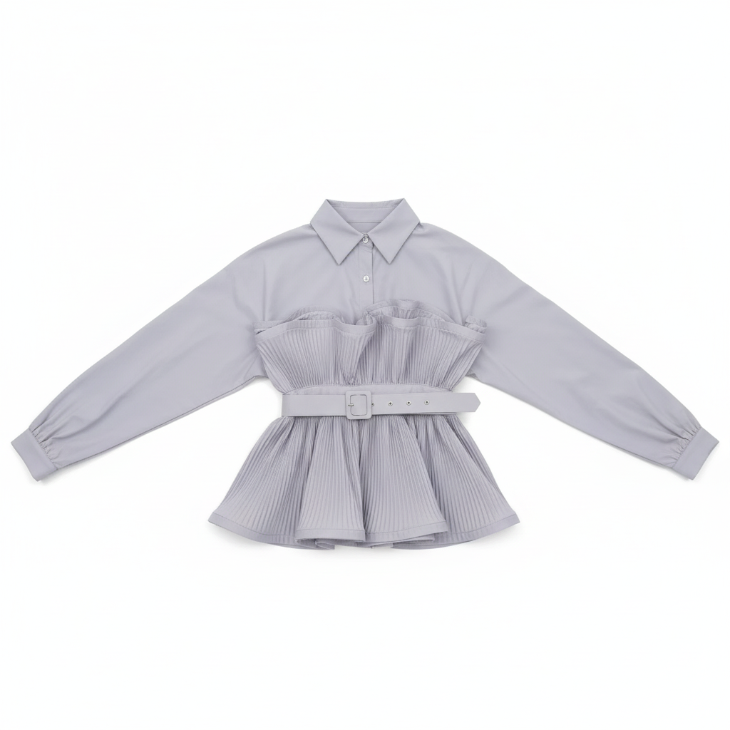 CAMISA CINZA MANGA CUMPRIDA BABADO A SIMÉTRICO CINTO FIVELA QUADRADA CINZA