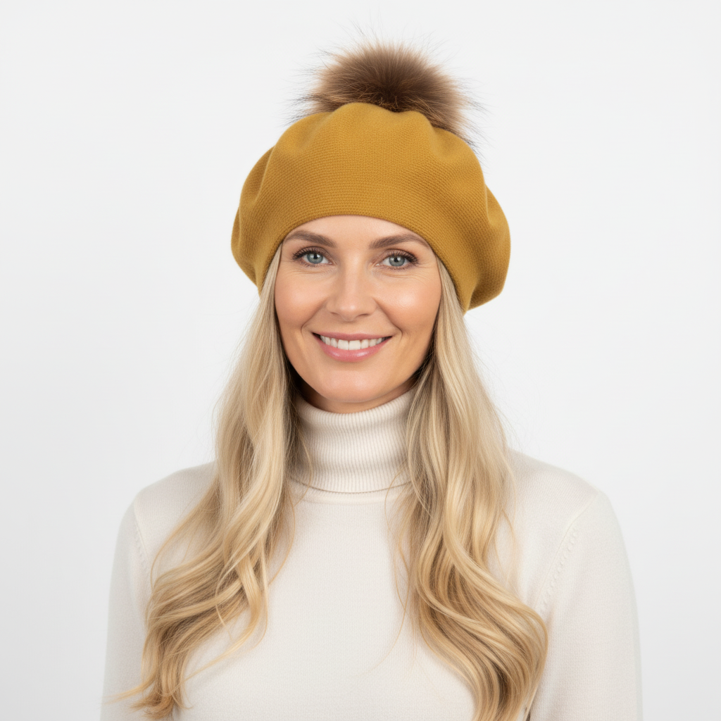 BOINA AMARELO MOSTARDA POMPOM PELO CASTANHO