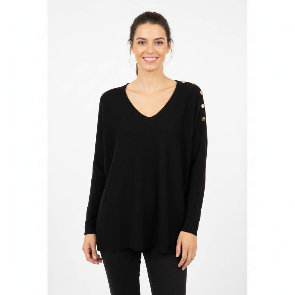 CAMISOLA CAMILLE FRANCE PRETO DECOTE EM BICO CAMISA DE MANGA CUMPRIDA APLIQUES DE BOTÕES DOURADOS