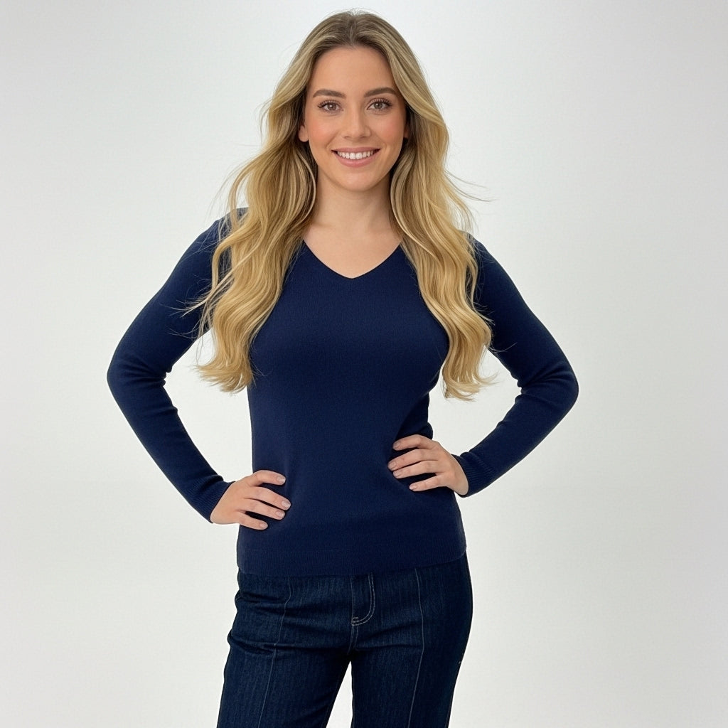 CAMISOLA VINCEOTTO AZUL ESCURO DECOTE EM BICO MANGA CUMPRIDA