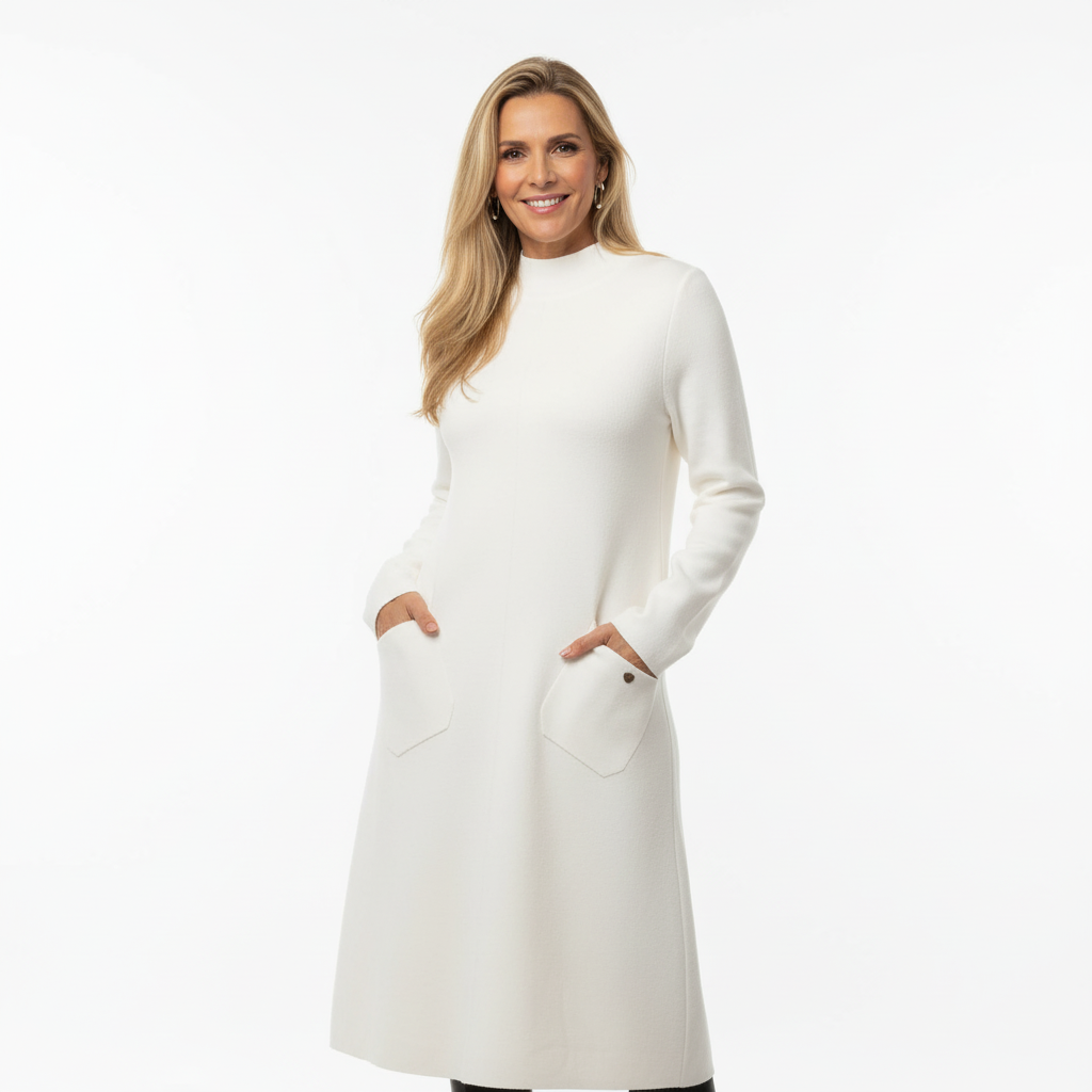 VESTIDO MAGLIFICIO ALFA BRANCO MANGA CUMPRIDA BOLSO FRONTAL CACHARREL GOLA ALTA