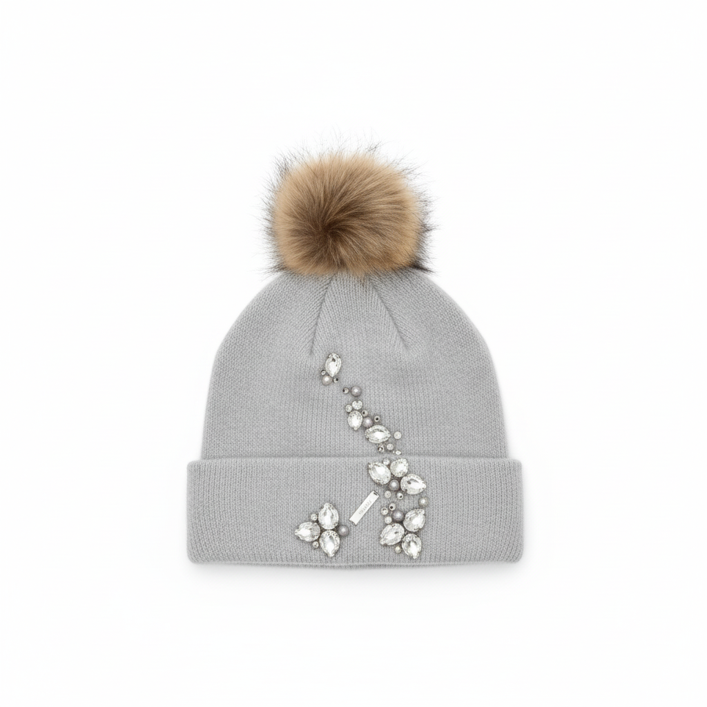 GORRO CINZA GELO POMPOM PELO CASTANHO TOUCA