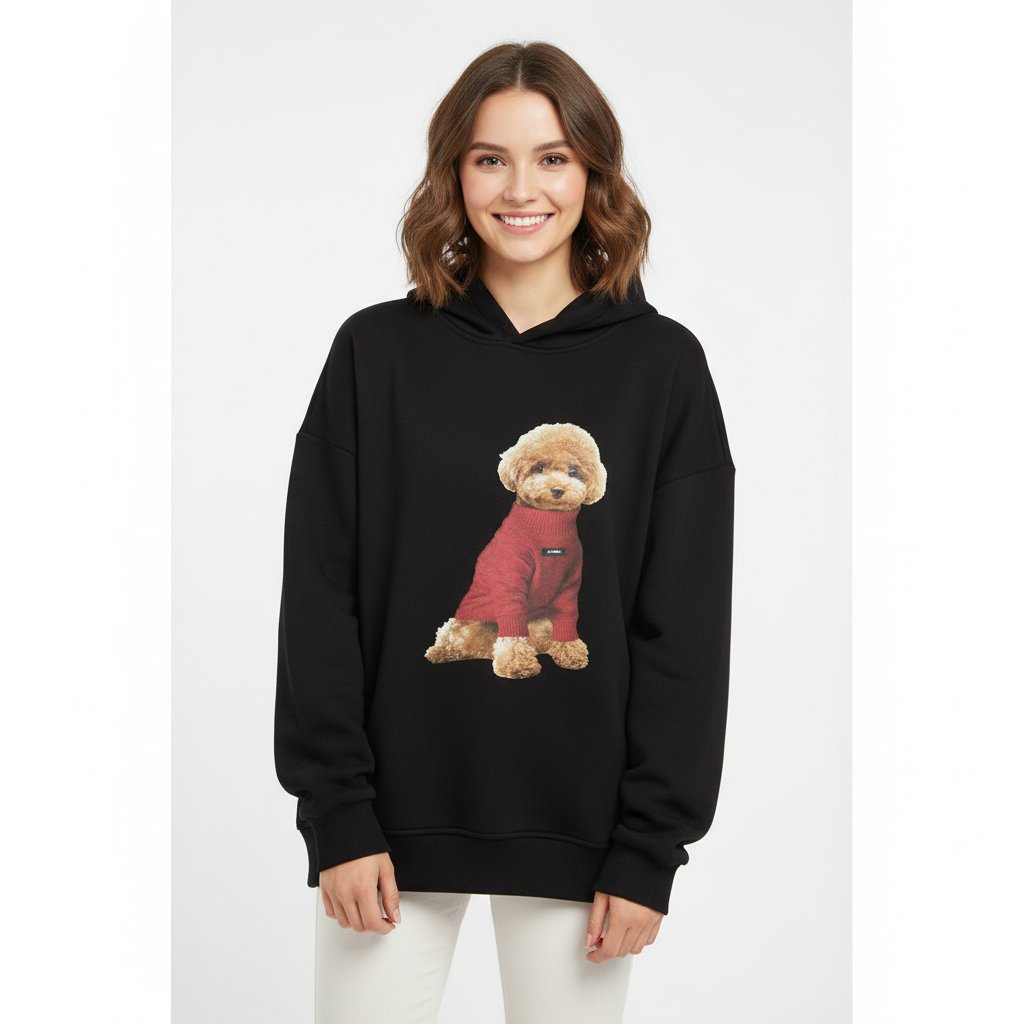 CASACO LUMINA PRETO MOLETON TOUCA ESTAMPA CACHORRO ROUPA VERMELHA LOGO