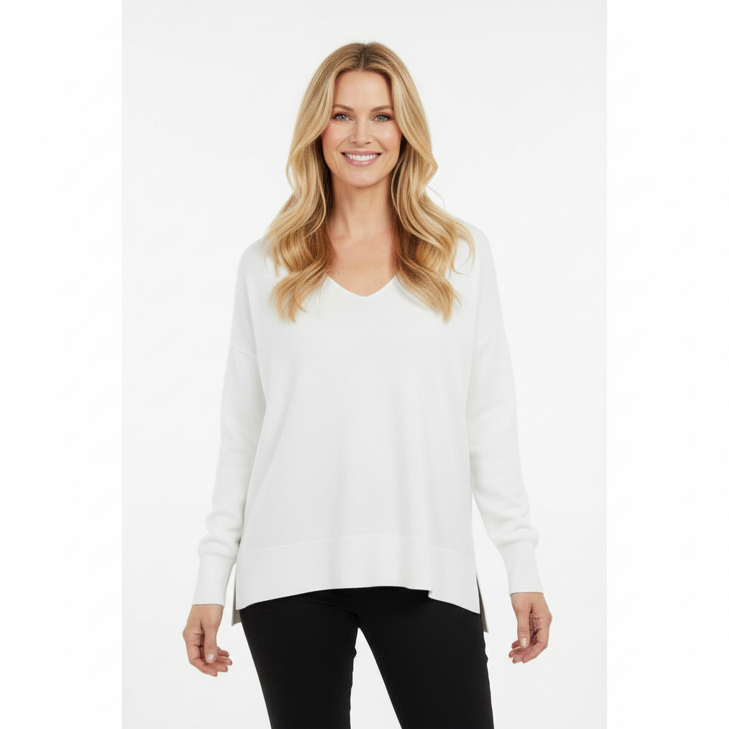CAMISOLA MAS FASHION CREME DECOTE EM BICO MANGA CUMPRIDA CANELADA FENDA LATERAL