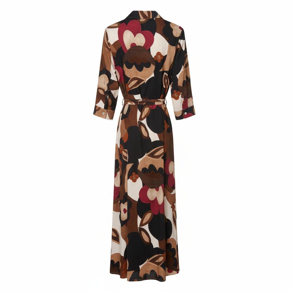 VESTIDO CAMILLE FRANCE VERMELHO PRETO CASTANHO ESCURO BRANCO BOTÕES CINTO PADRÃO FLORES LONGO