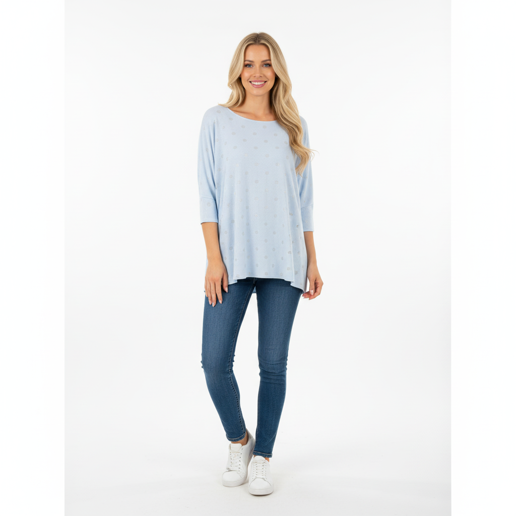 CAMISOLA MILANO AZUL BEBE BRILHO PADRÃO BOLAS CINZA MANGA 3/4