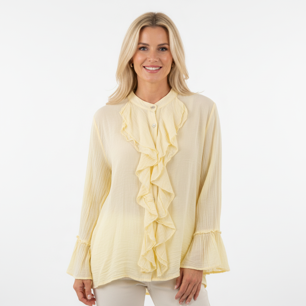 CAMISOLA APRIL VINTAGE AMARELO BEBE DECOTE CANOA BABADOS FRONTAL