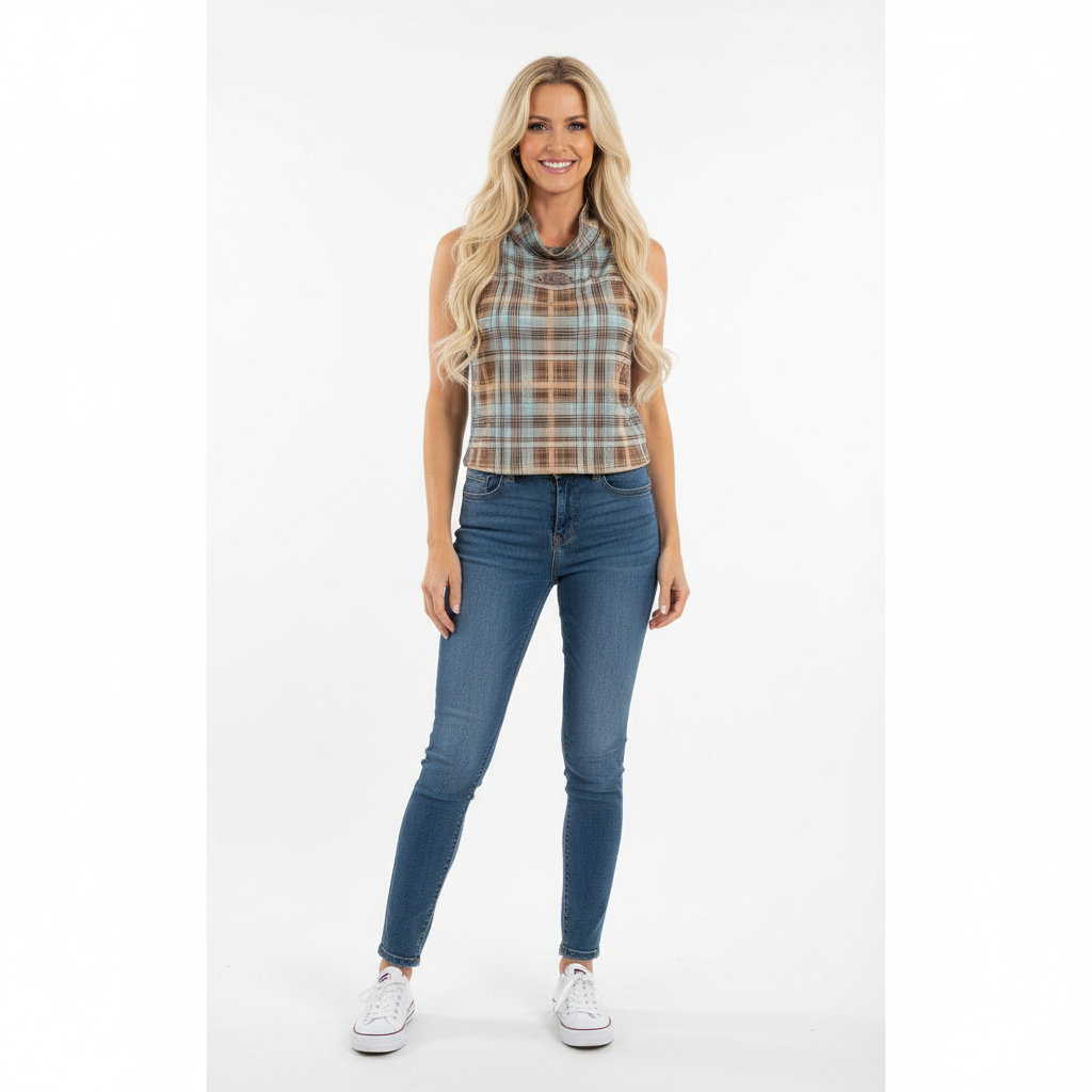 TOP TI•AMO AZUL CASTANHO XADREX GOLA ALTA APLICAÇÃO PIN METAL OBGD