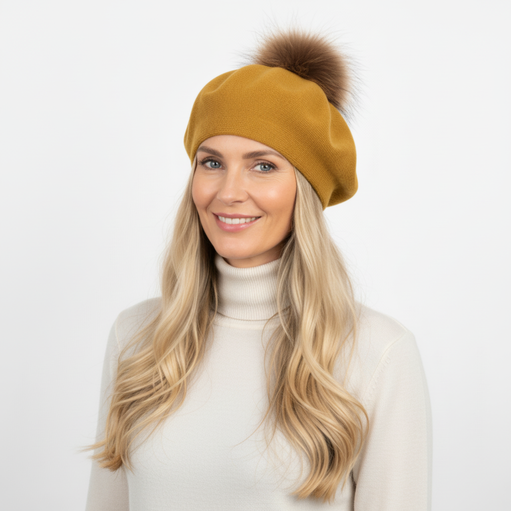 BOINA AMARELO MOSTARDA POMPOM PELO CASTANHO