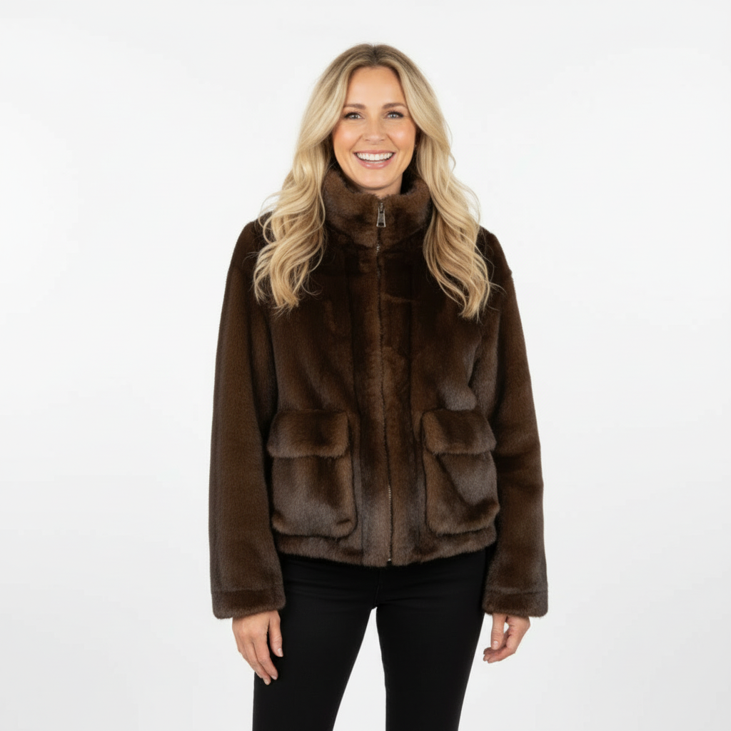 CASACO SKATIE BRAND CASTANHO ESCURO TEDDY PELUCE PELO ZIPER BOLSO FRONTAL