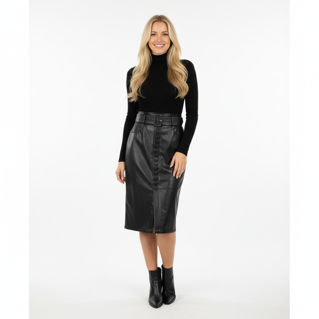 SAIA MIDI PRETO ECO PELE BOTÕES FRONTAL CINTO FIVELA MAXI