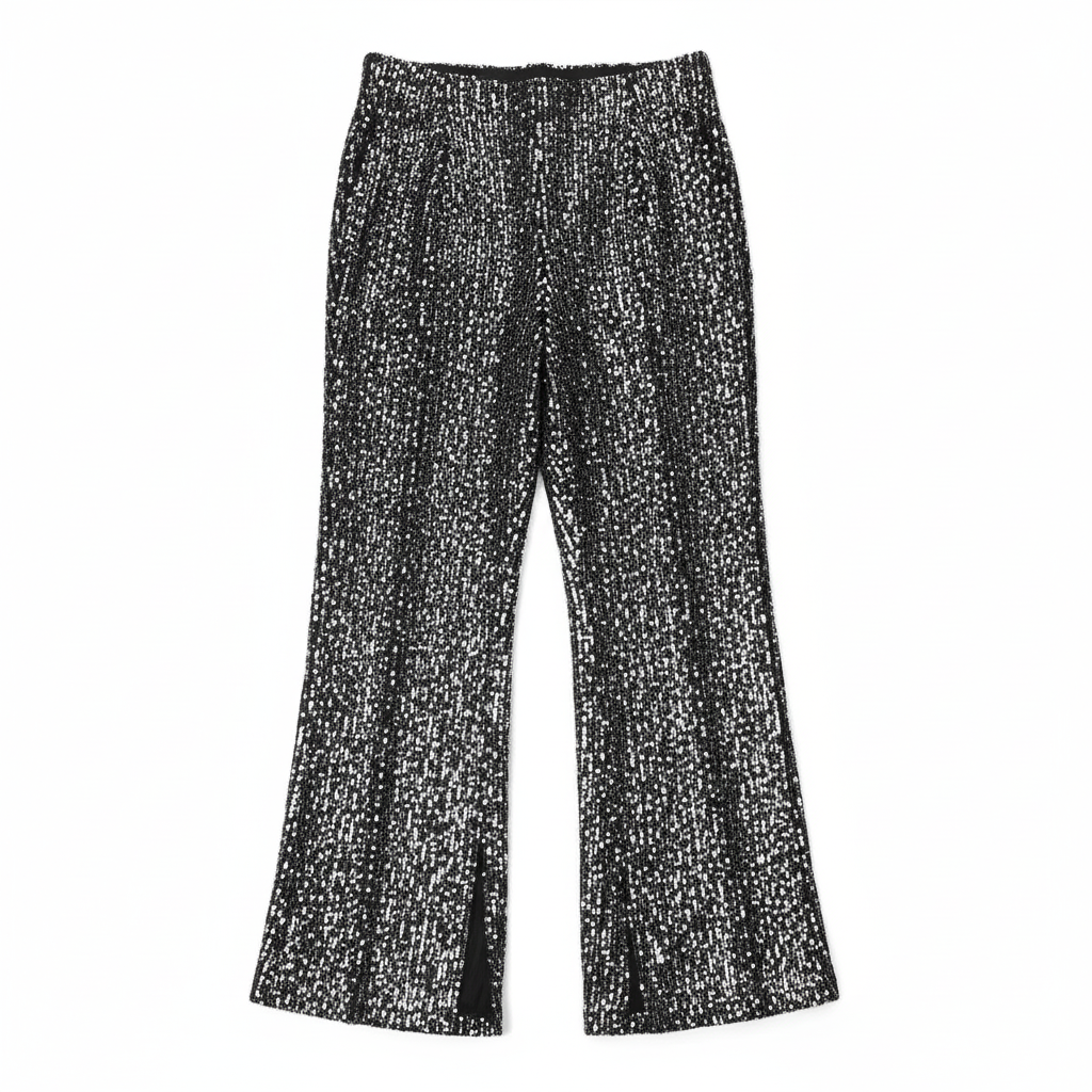 CALÇA RETA FRE SPIRIT PRATA PRETO LANTEJOULAS FENDA