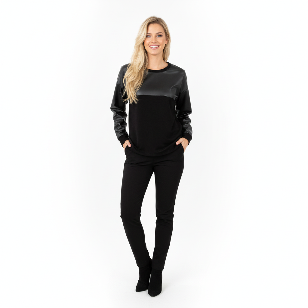 CAMISOLA AMY PRETO CAMURÇA ECO PELE BUSTO MANGA CUMPRIDA