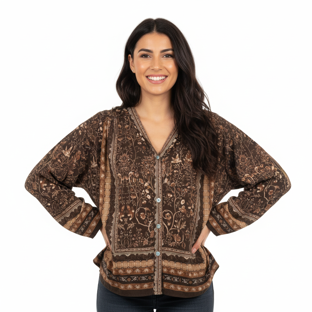 CAMISA CAMILLE FRANCE CASTANHO DECOTE EM BICO BOTÕES ESTAMPA FLORAL